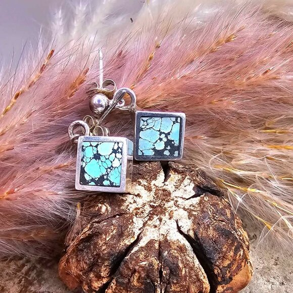 Beautiful Nature Turquoise Square Sterling Silver Earring - Picture 2 of 9